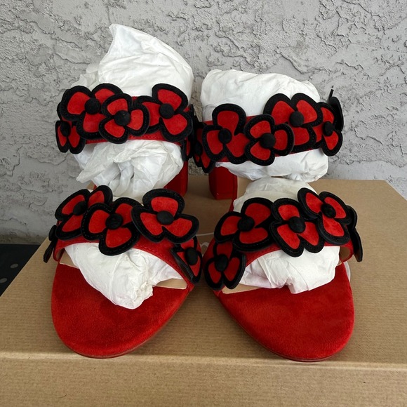 Christian Louboutin Tres Pansy 85 Suede Sandals Womens 42 Red Black Brand NEW - Picture 3 of 12